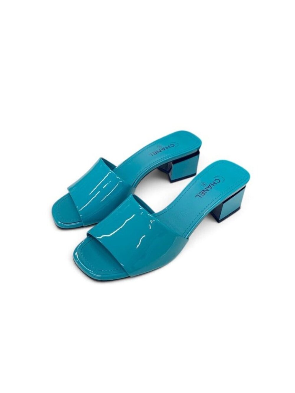 Chanel Sandals Shoes Patent Leather Blue CC Logo Mules